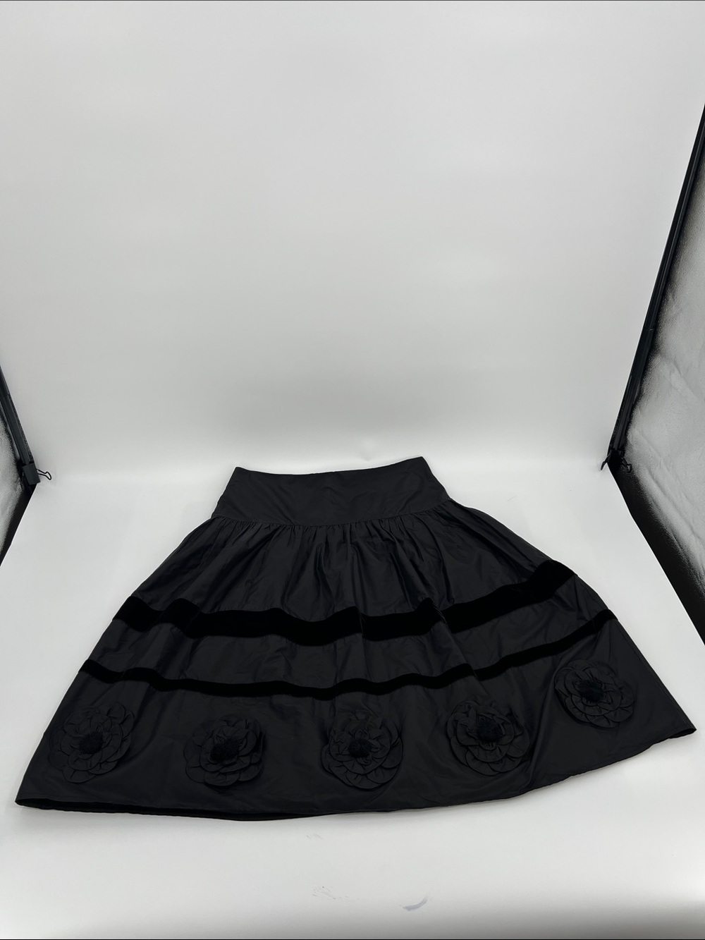 Nanette Lepore Black Full A-Line Skirt with Floral Appliqué